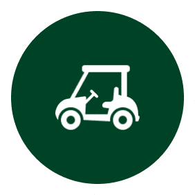Golf cart icon on green circle background.